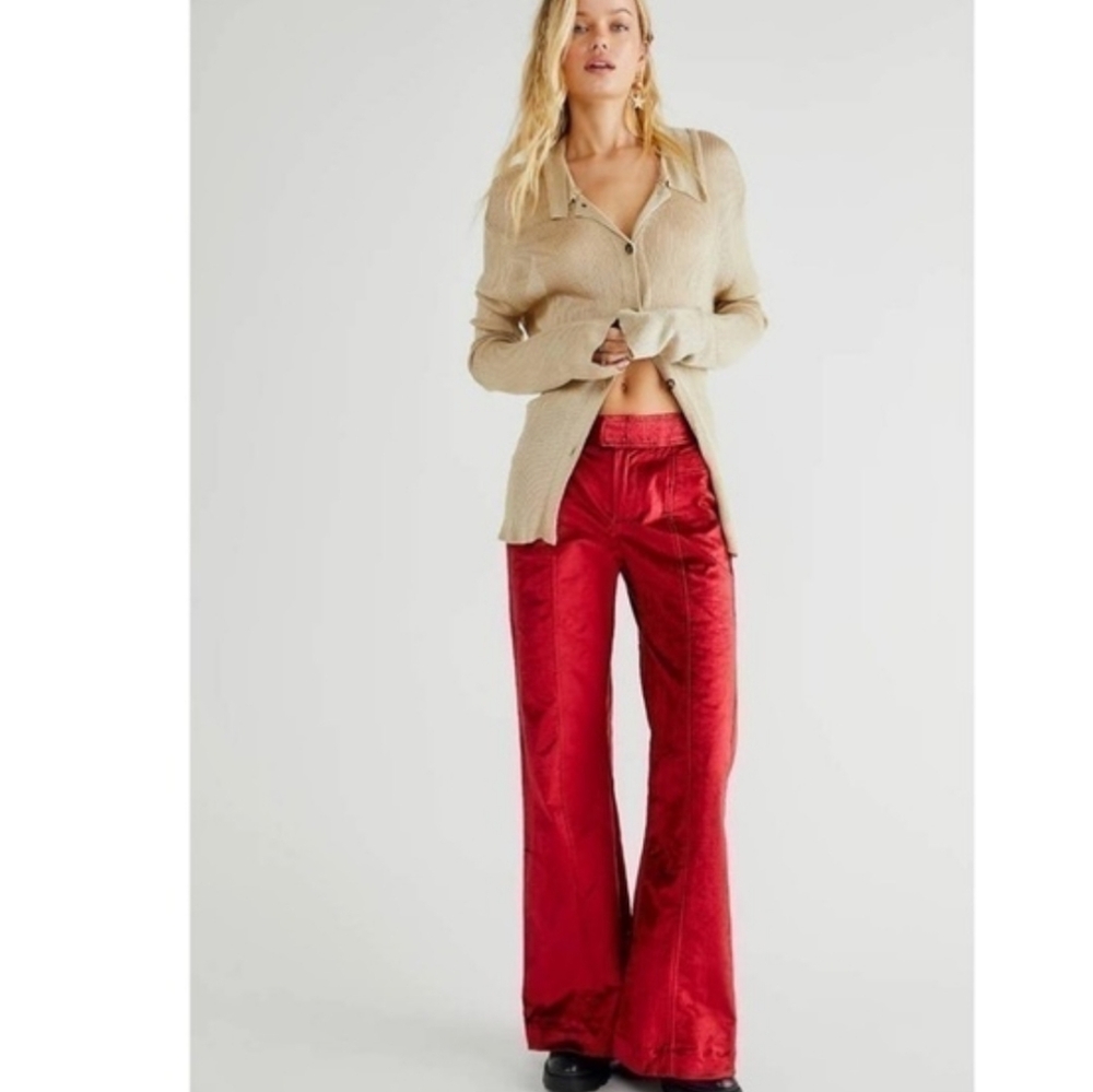 Free People Walk With You Velvet High Rise Trousers in Cherry Juice